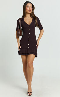 Mischa Mini Dress - Collared Short Sleeve Fit And Flare Knitted Dress in Dark Chocolate