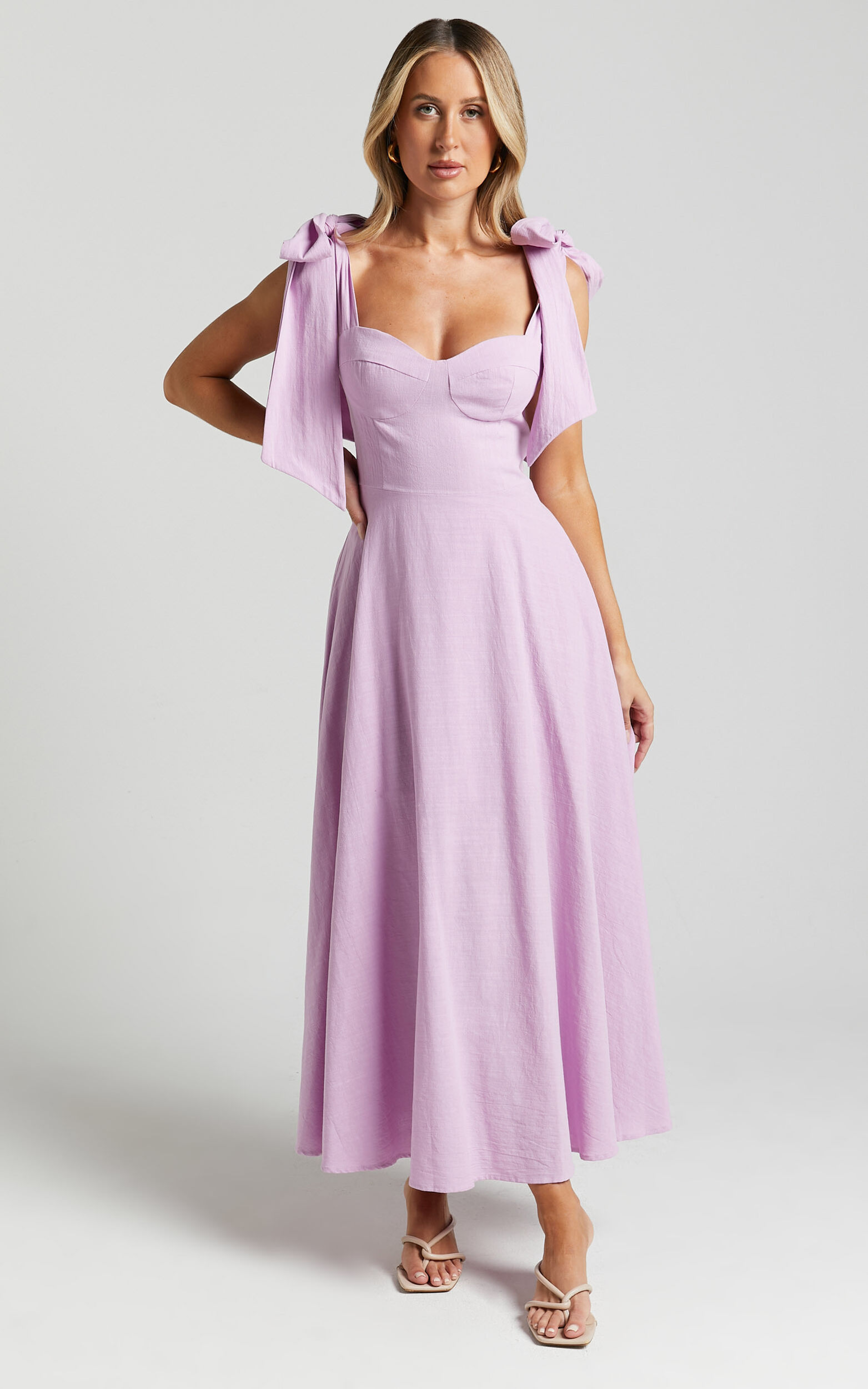 Tymia Midi Dress - Shoulder Tie Bustier Shirred Back A Line in Lavender ...