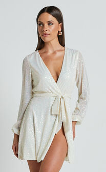 Three Of Us Mini Dress - Long Sleeve Wrap Dress in White Sequin