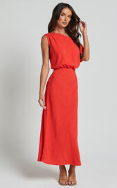 Jacqueline Midi Dress - Linen Look One Shoulder Dress in Sunset | Showpo USA