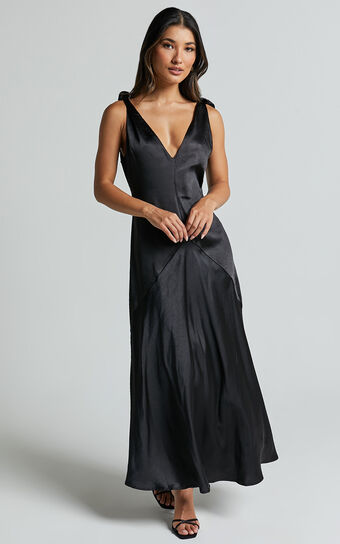 Hart Midi Dress - Tie Shoulder Plunge Satin Dress in Black