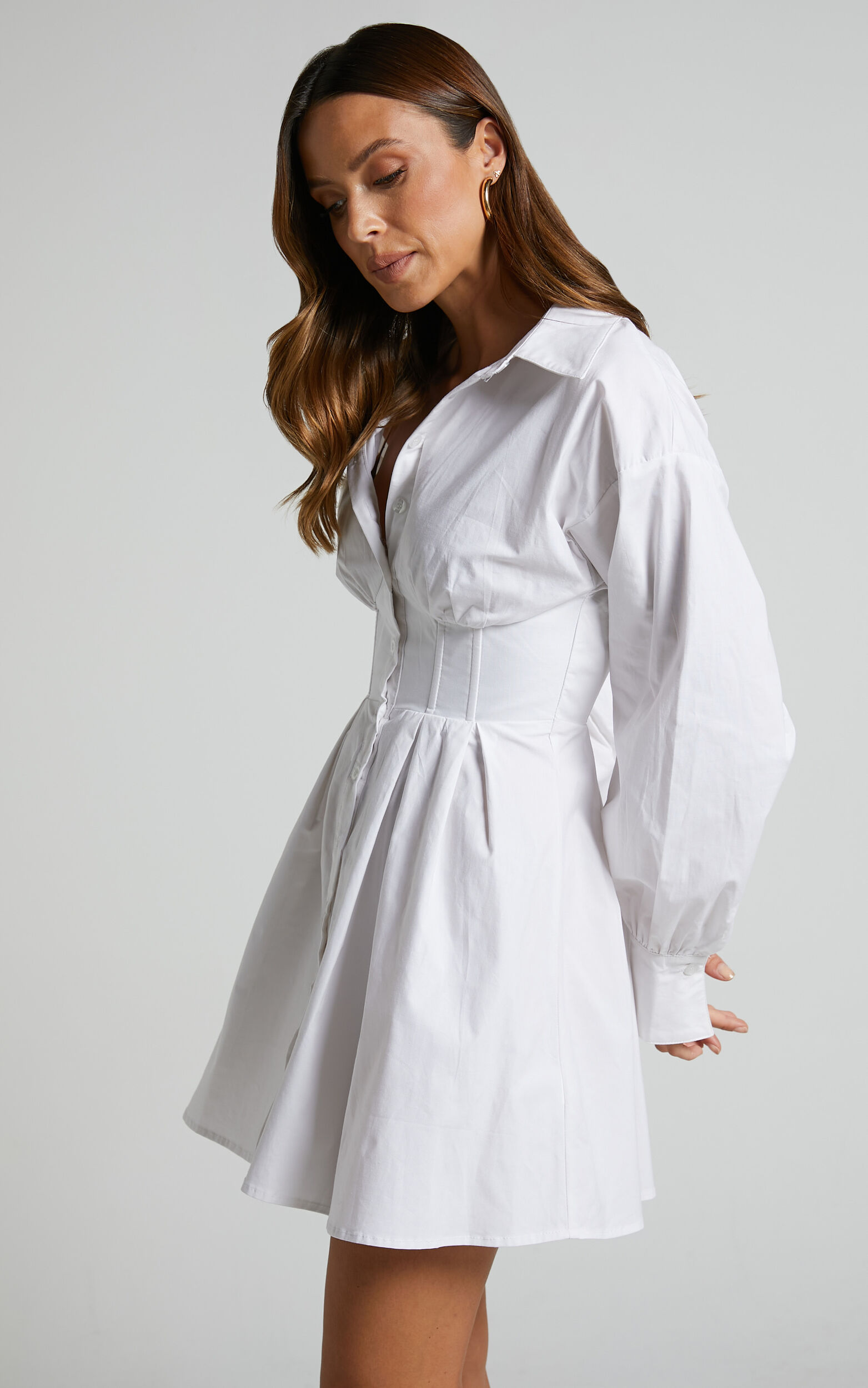 White Long Sleeve Underbust Corset Detail Shirt Dress
