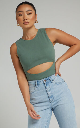 Malvina Bodysuit - Cut Out Ribbed Bodysuit in Khaki