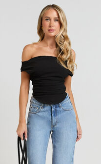 Cleo Top - Off Shoulder Curved Hem Top in Black