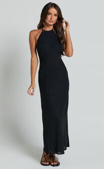 Cyrena Maxi Dress - Linen Look Halter Neck Sleeveless Slip Dress in Black