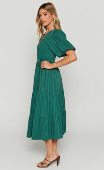 Junmae Midi Dress - Tiered Waffle Wrap Dress in Forest Green