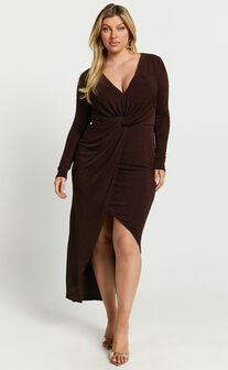 Janina Midi Dress - Plunge Long Sleeve Twist Wrap Asymmetric Dress in Chocolate