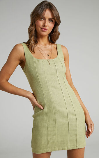 Nimby Mini Panelled Boucle Tweed Dress in Green Tweed