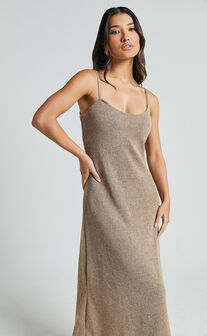 Jessie Midi Dress - Knitted Strappy Scoop Neck Slip Dress in Mushroom