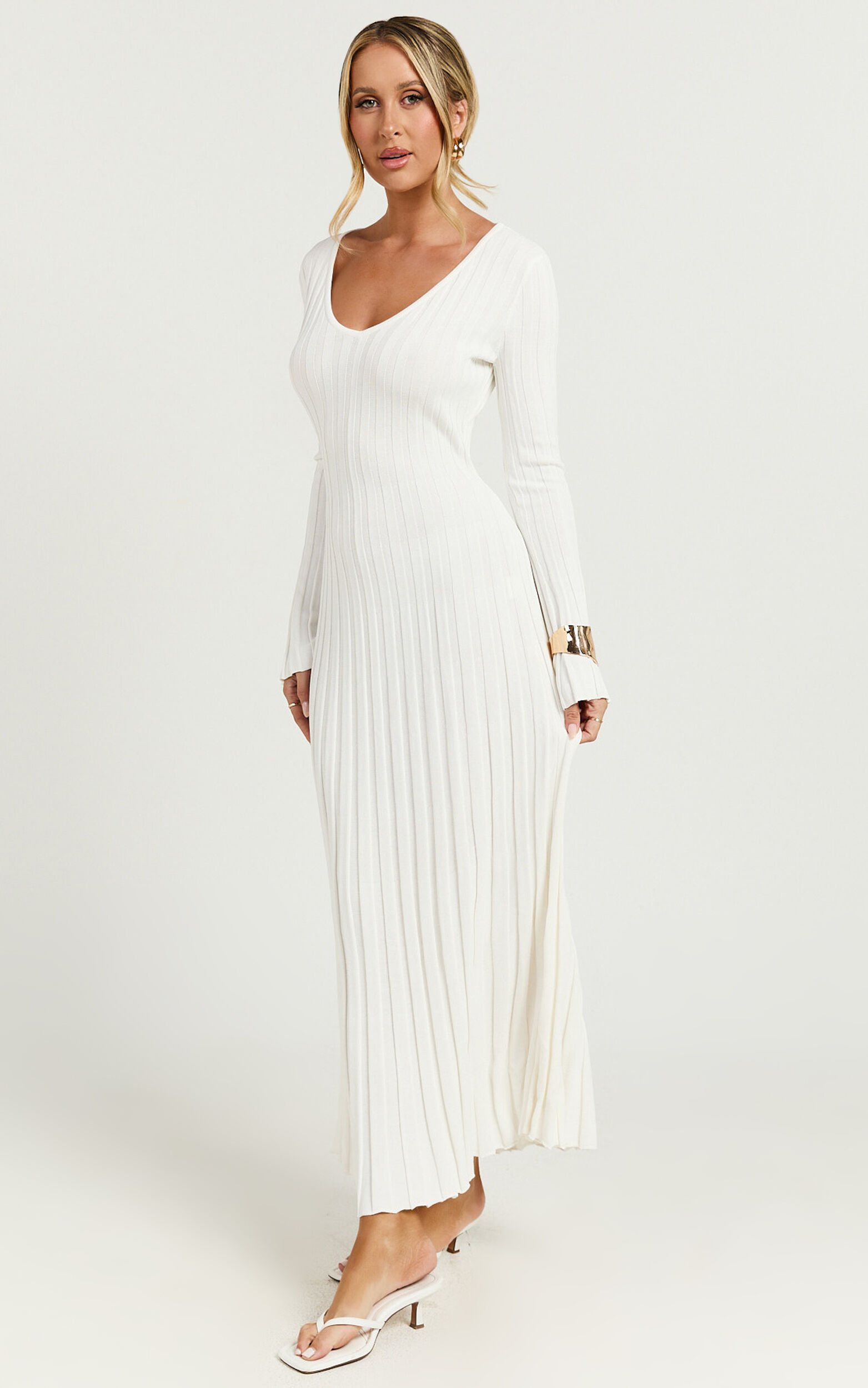 Astra Midi Dress - V Neck Long Sleeve Knit Dress in White | Showpo USA