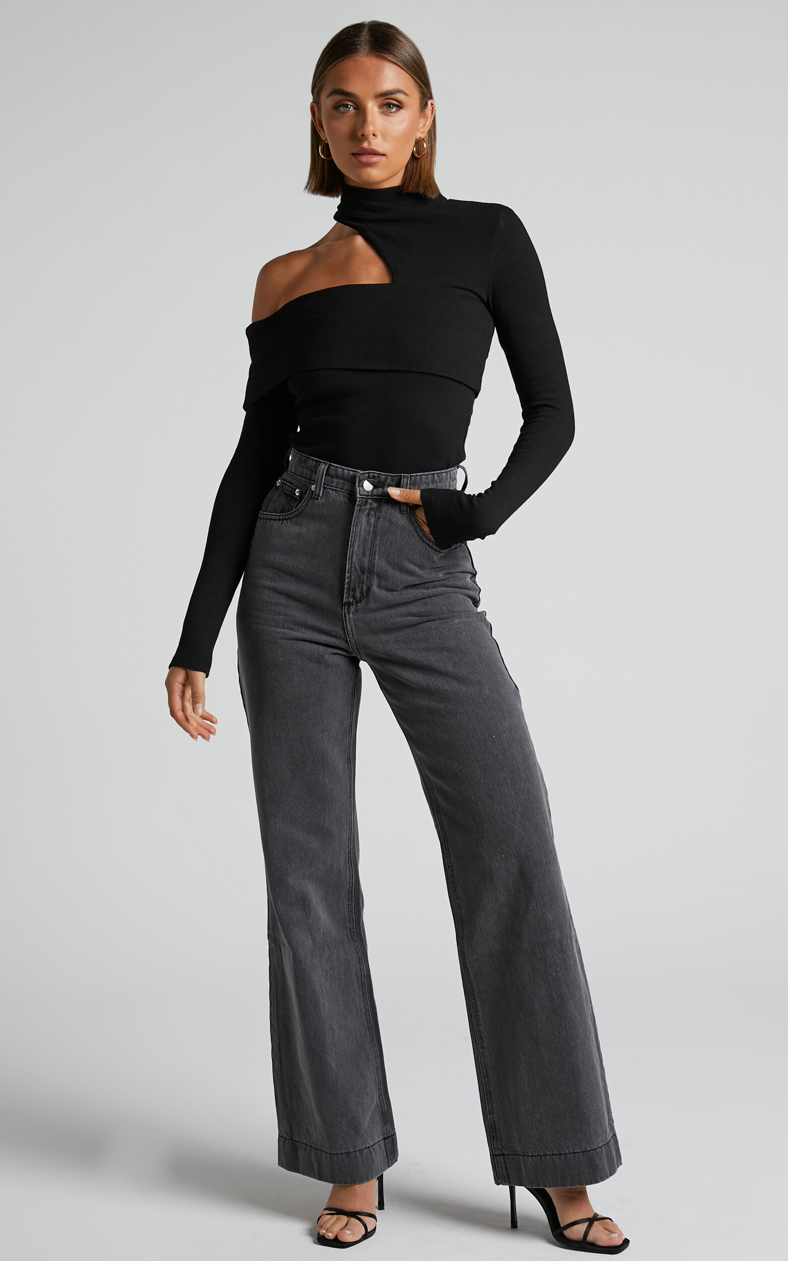 Kiefer Top Asymmetric Long Sleeve Cutout Top in Black Showpo