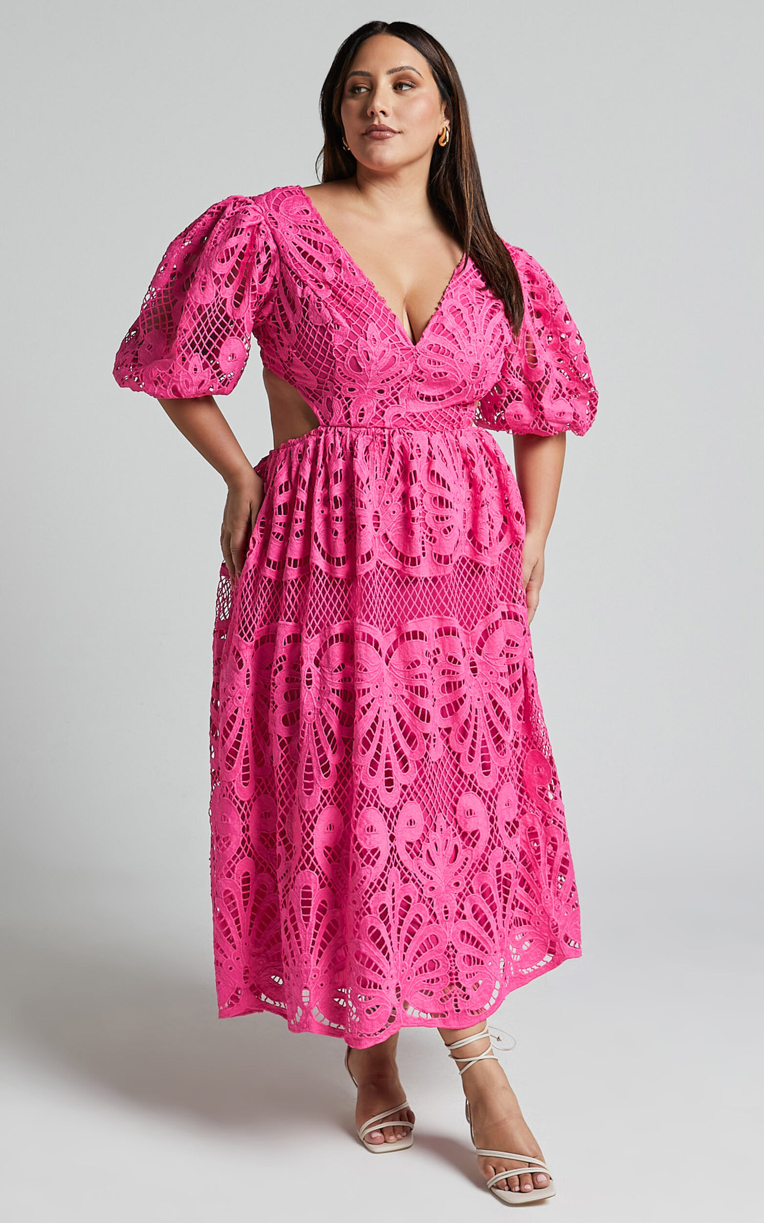 Anieshaya Midi Dress - V Neck Cut Out Lace Dress in Pink