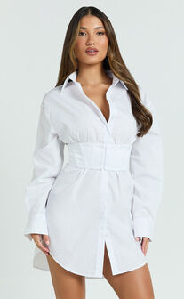 Athena Mini Dress - Multi Wear Corset Waist Shirt Dress in White
