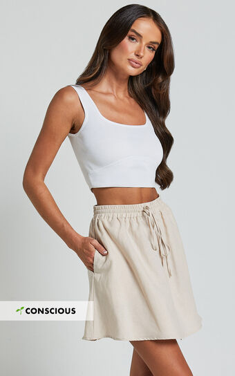 Sharai Mini Skirt - Linen High Waisted Drawstring Skirt in Oatmeal