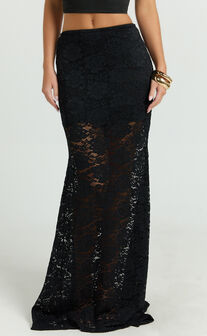 Kamille Maxi Skirt - Lace Mermaid Hem Skirt in Black