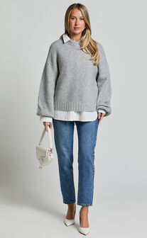 Aubrey Jumper - Crew Neck Knit Jumper in Grey Marle