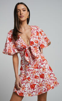 Wynna Mini Dress - Tie Front Cut Out Flutter Sleeve Dress in Pink Red Floral