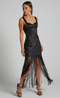 Eiren Midi Dress - Corset Bodice Fringe Detail Dress in Black