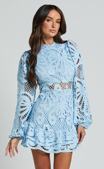 Kiss Me Now Mini Dress - Long Puff Sleeve Dress in Soft Blue