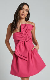 Chika Mini Dress - Linen Look Strapless Front Bow Dress in Peony Pink ...