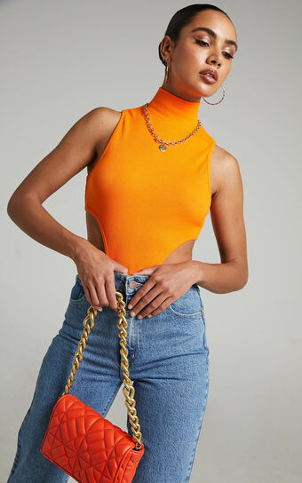 Nuala Bodysuit - High Neck Side Cut Out Bodysuit in Orange