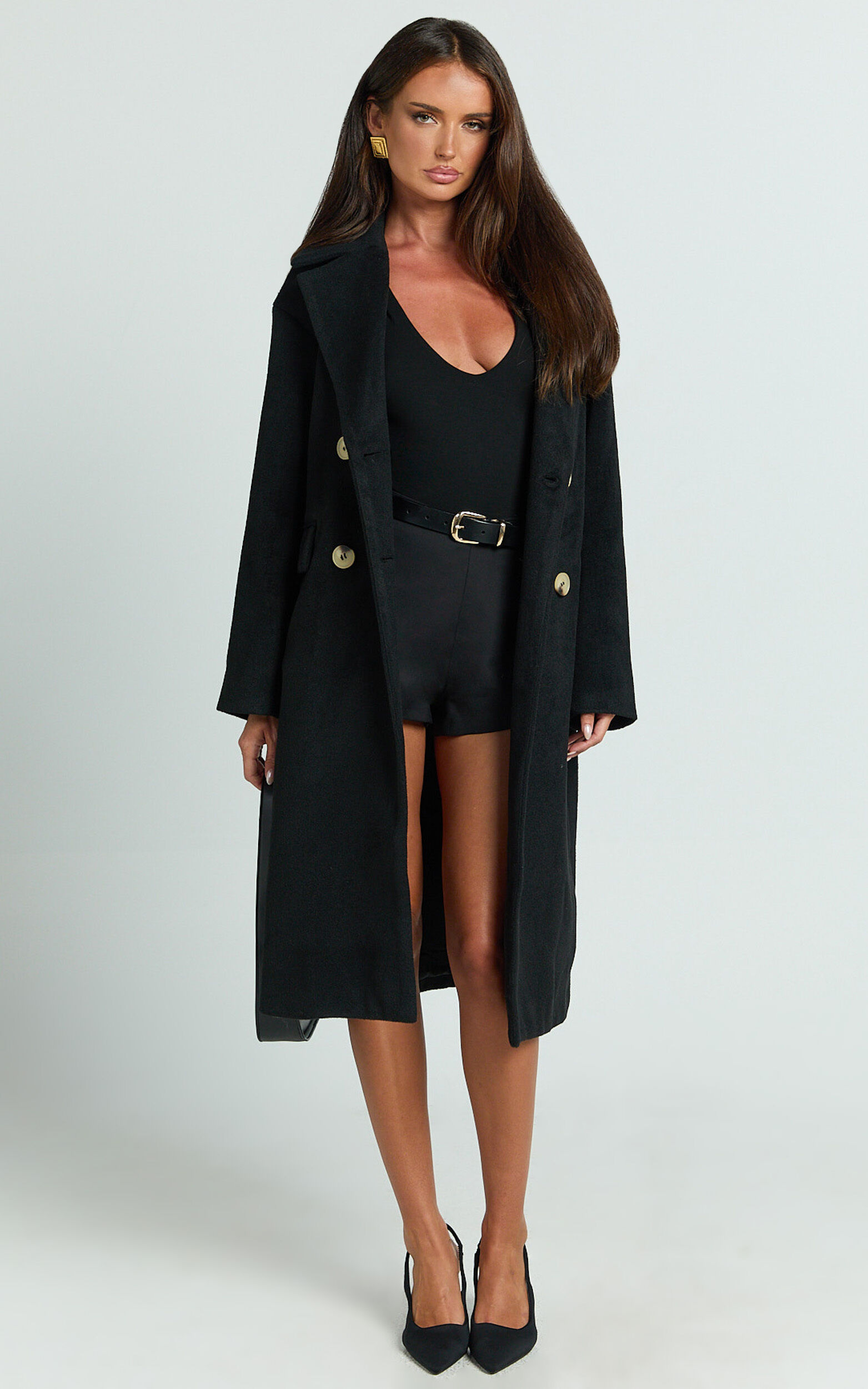 Libee Coat - Double Breasted Longline Coat in Black - 06, BLK1