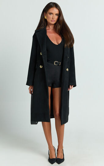 Libee Coat - Double Breasted Longline Coat in Black