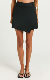 Sara Linen Skort - Wrap Asymmetric Mini Skort in Black | Showpo