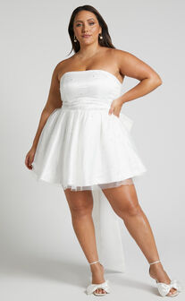 Cailene Mini Dress - Strapless Bow Train Fit and Flare Dress in Ivory