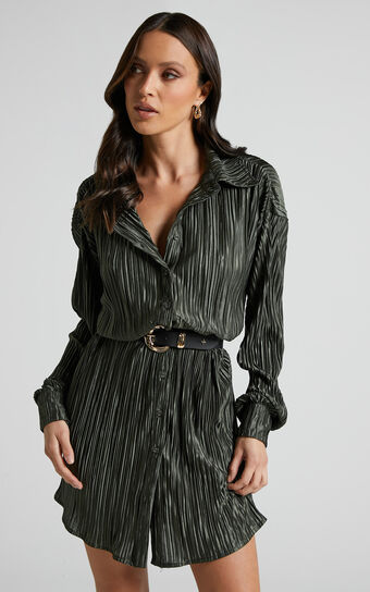 Beca Mini Dress - Crinkle Button Up Shirt Dress in Olive