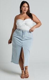 Janeve Midi Skirt - Front Split Denim Skirt in MID WASH