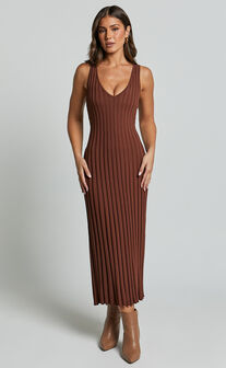 Maya Midi Knit Dress - Sleeveless V Neck Knited Dress in Dark Chocolate