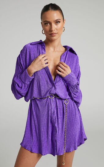 Beca Mini Dress - Crinkle Button Up Shirt Dress with Buckle Hardware Detail in Purple