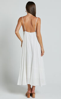 Linalyn Midi Dress - Strappy V Neck Low Back Slip Dress in White