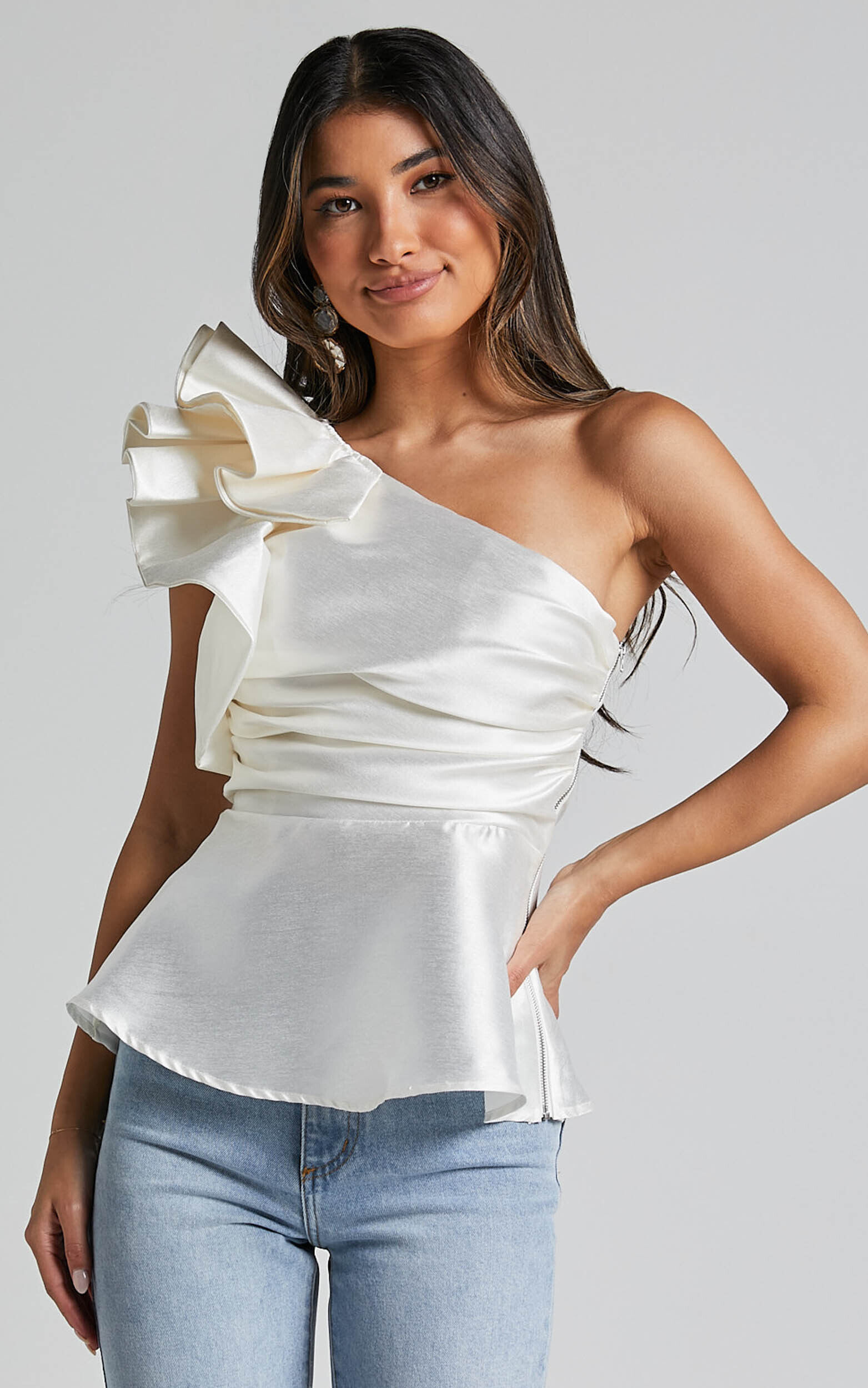 Gathered One-shoulder Top - White - Ladies