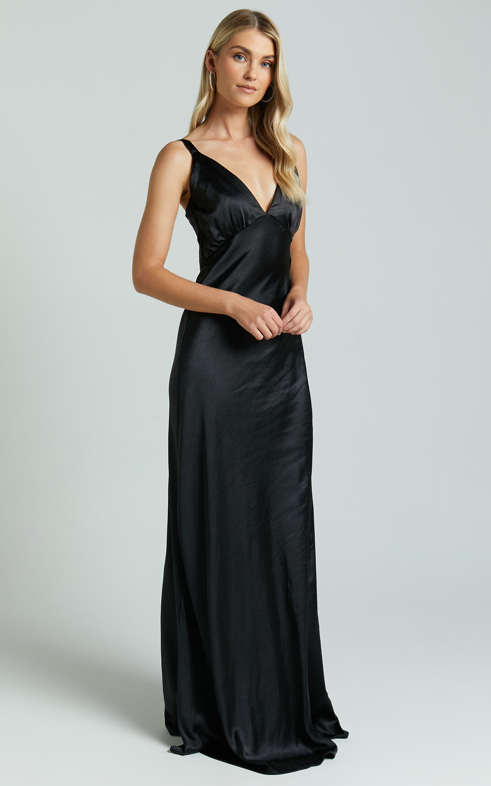 Anjorie Maxi Dress Plunge Neck Wide Strap Sleeveless Slip in Black Showpo
