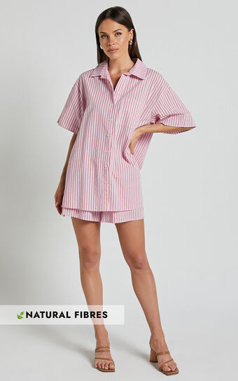 Gijon Shirt - Collared Button Through Shirt in Pink and Red Stripe