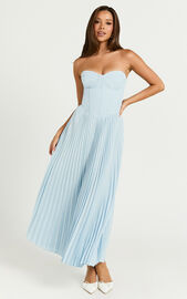 Loretta Midi Dress - Lace Up Back Bustier Pleated Dress in Light Blue | Showpo USA