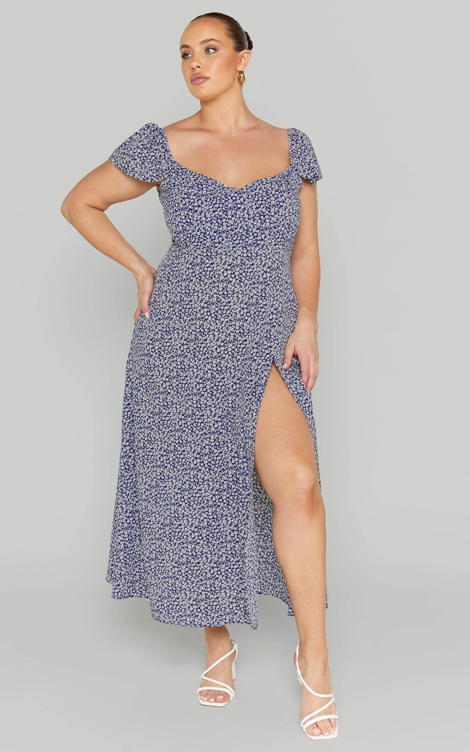 Donissa Midi Dress - Thigh Split Flutter Sleeve Dress in Blue | Showpo USA