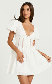 Chriscelle Mini Dress - Lace Detail Fit & Flare Dress in White | Showpo