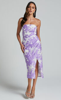 Brailey Midi Dress - Thigh Split Strapless Dress in Purple Jacquard