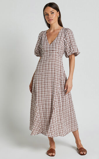 Jameela Midi Dress - V Neck Short Puff Sleeve Godet A Line Smock Dress in Chocolate Gingham