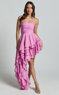 Amalie The Label - Everly Strapless Asymmetrical Tiered Mini Dress in Pink