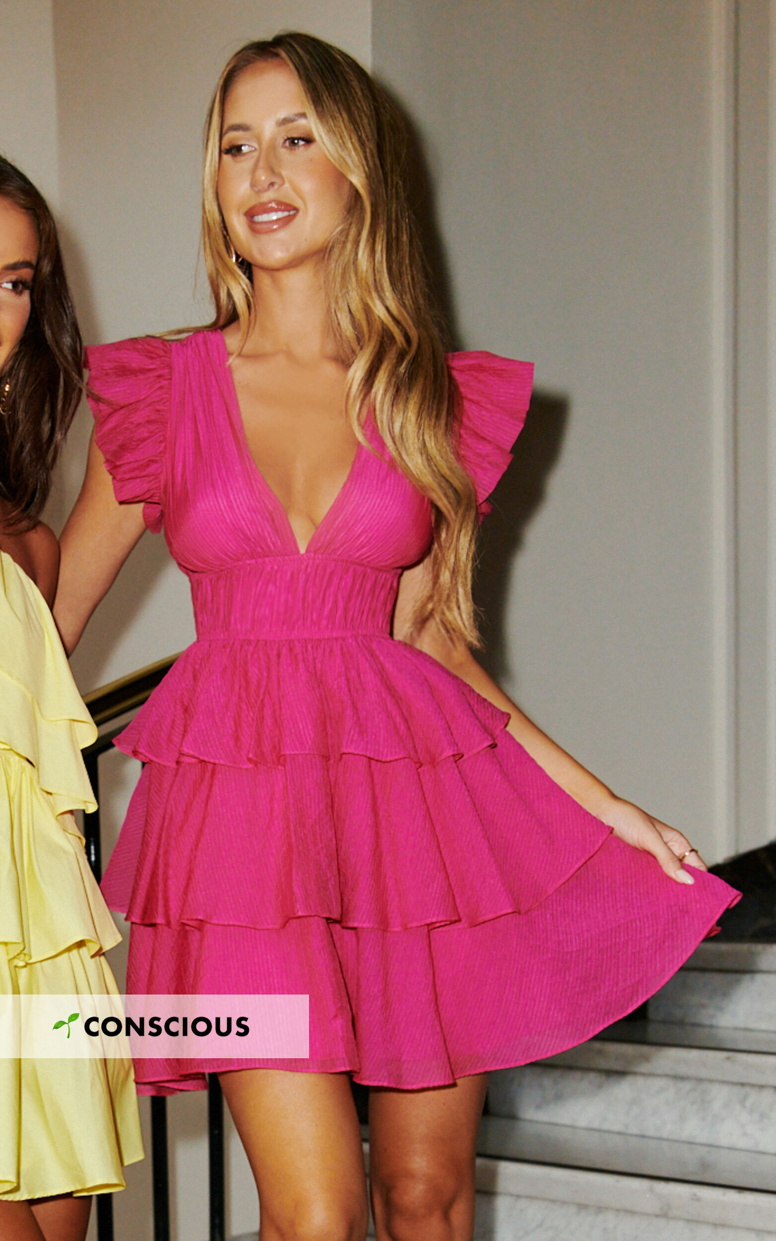 Elbertine Mini Dress - Flutter Sleeve Pleated Dress in Hot Pink - 06, PNK1