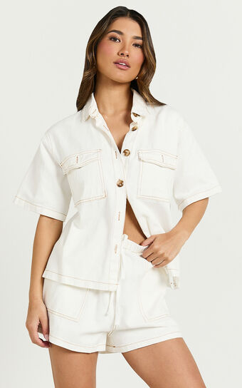 Brydie Two Piece Set - Denim Short Set in White