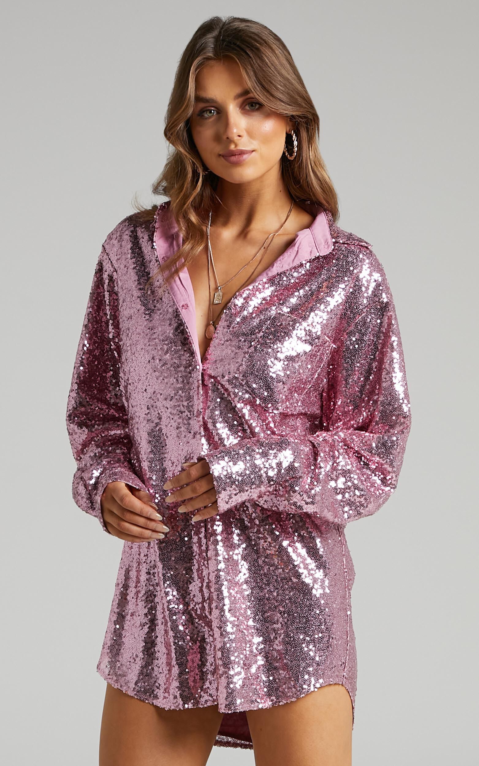 Cally Mini Dress Oversized Shirt Dress in Lilac Sequin