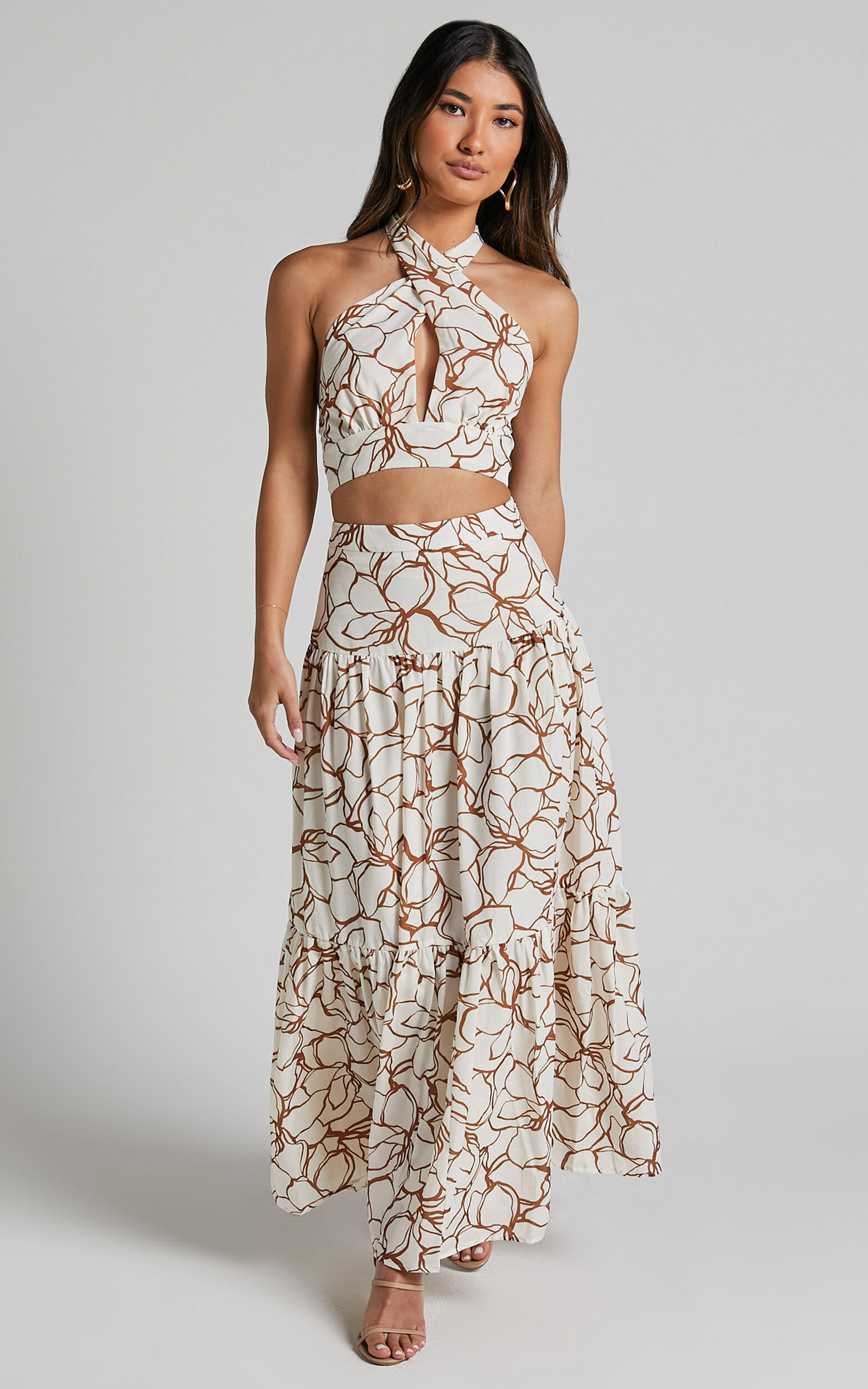 Breonna Two Piece Set - Cross Halter Neck Top And Tiered Midi Skirt in White Floral - 06, WHT1