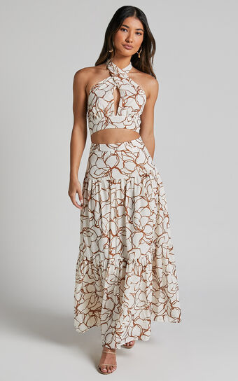 Breonna Two Piece Set - Cross Halter Neck Top And Tiered Midi Skirt in White Floral
