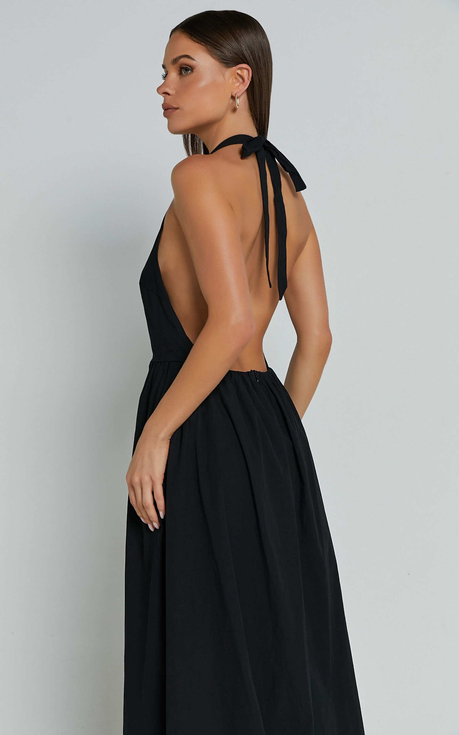Dana Midi Dress Halter Neck Open Back Dress in Black Showpo