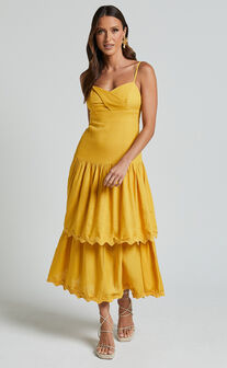 Amalie The Label - Cameo Linen Blend Low Back Tiered Midi Dress in Warm Yellow Gold